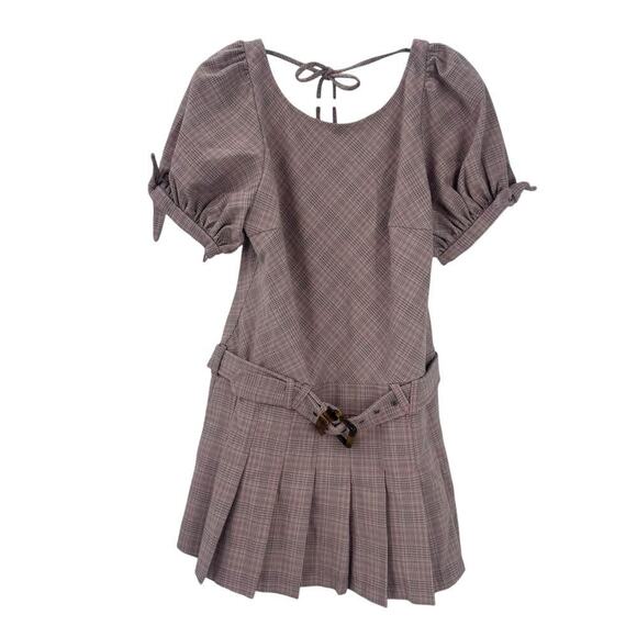 Free People Sevi Plaid Mini Dress Puff Sleeve Grey and Pink Combo Size L NWOT - Picture 6 of 12